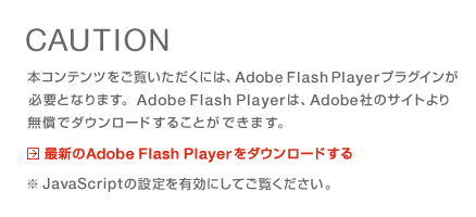 本コンテンツをご覧いただくには、Adobe Flash Playerプラグインが必要となります。AdobeFlashPlayerは、Adobe社のサイトより無償でダウンロードすることができます。
